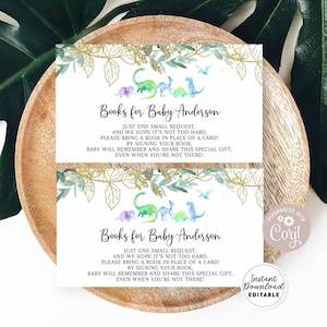 Bearbeitbare Dinosaurier-Baby-Dusche-personalisierte Buch-Anfrage-Einlage-Junge bringen ein Buch anstelle der Karte Dino-Dusche-Einlagen-Vorlage bearbeitbar AL438
