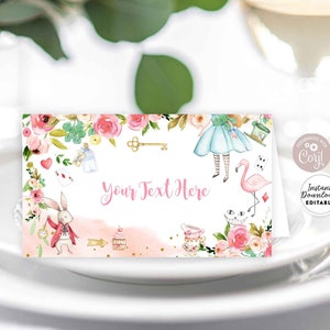 Alice au pays des merveilles pliée modifiable étiquette de produit alimentaire tente marque-place modèle buffet étiquette de nourriture invité modèle de carte de visite Téléchargement instantané 789