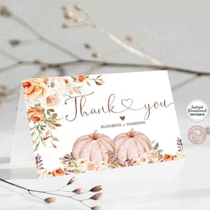 Editável personalizado gêmeos blush outono abóboras chá de bebê obrigado cartão dobrado modelo editável/download instantâneo 29v12