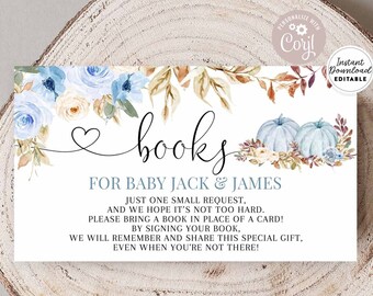 bowtie Baby boy build a library twins shower G107 Books for Baby Blue book request insert Fall Pumpkins