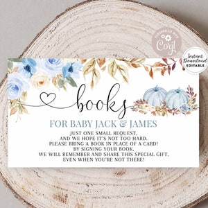 Editable Twins Blue Pumpkin Automne Twin Boys Baby Shower Book Demande Insérer Apporter un livre au lieu de modèle de carte Téléchargement instantané 29V8