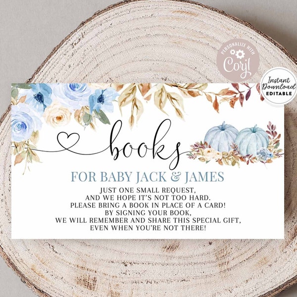 Editable Twins Blue Pumpkin Fall Twin Boys Baby Shower Book Request Insert Bring A Book Instead of Card Template Instant Download 29V8