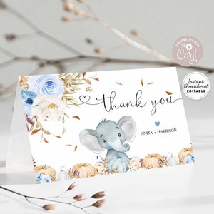 Chá de bebê editável outono azul abóbora elefante polvilhe um gole e veja modelo de cartão dobrado de agradecimento / download instantâneo 1216V2