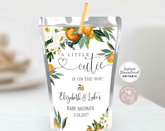 Editable Orange Citrus Capri Sun Caprisun Label A Little Cutie is On the Way Baby Shower Sprinkle Printable Template Instant Download 248V1