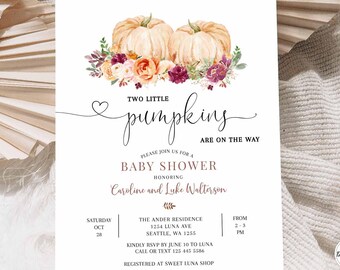 Burgundy Fall Pumpkins Invitation: Twins Baby Shower Invite Template 28V2 (1)