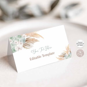 Bearbeitbare Salbei Grün Pampasgras Boho Gefaltete Tischkarte Buffet Essen Label Gast Name Kartenvorlage Sofortiger Download 212V6