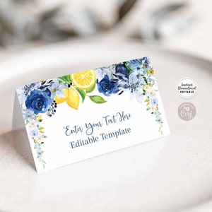 Bearbeitbare Blaue Blumen Zitrone Baby Braut Hochzeit Hochzeit Gefaltet Tischkarte Buffet Food Label Gast Name Karte Vorlage Sofortiger Download 157BR5