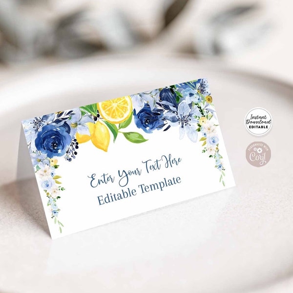 Editable Blue Floral Lemon Baby Bridal Wedding Shower Folded Place Card Buffet Food Label Guest Name Card Template Instant Download 157BR5