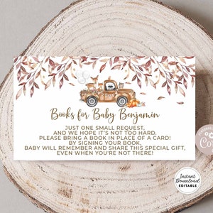 Édition automne Woodland Baby Shower Brown Truck Book Request Insert Boy Bring A Book Instead of Card Shower Inserts Template Editable 1503V2