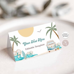 Azul editable The Big One Beach Surf Surfing Cumpleaños Tarjeta de lugar plegada Buffet Etiqueta de comida Plantilla de tarjeta de nombre de huésped Descarga instantánea 661K3