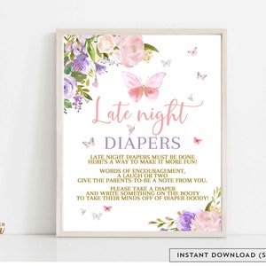 Butterfly Late Night Diaper Sign Blush Pink Purple Butterfly Baby Shower Sprinkle Activity Digital Printable  Instant Download AL179