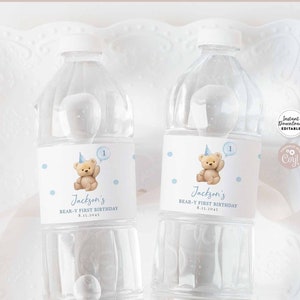 Editable Boy Beary First Birthday Party Decor Water Label Boy Bear Birthday Water Bottle Label Birthday Instant Download 904K3