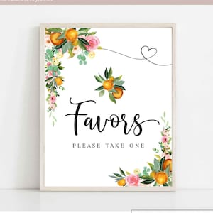 Naranja favores signo favor signo rosa floral cítricos Un pequeño cutie está en camino Baby Shower Sprinkle Sip y ver decoración Descarga instantánea 906