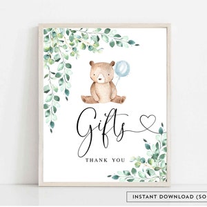 8x10&quot; 11x14&quot; Greenery Bear Gifts Sign Teddy Bear Baby Shower Sprinkle Boy Teddy Bear Birthday Gifts Sign Instant Download 1432V1