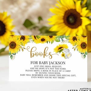 Bewerkbare herfstzonnebloem olifant babyshower boek verzoek invoegen invoegen een boek meenemen in plaats van kaart afdrukbare uitnodiging invoegen sjabloon 409V1