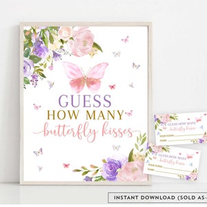 Vlinder Raad eens hoeveel vlinderkusjes spel Blush roze paarse vlinder verjaardagsdouche strooi digitale afdrukbare Instant Download AL179