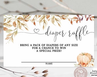 Editable Fall Pumpkin Baby Shower Diaper Raffle Ticket Insert Raffle Card Editable Invite Insert Instant Download 29V1