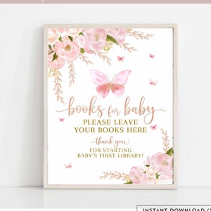 Butterfly Books for Baby Sign Blush Pink Rose Gold Butterfly Baby Shower Sprinkle Sip and See Digital Printable Instant Download 1406