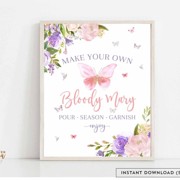 Butterfly Bloody Mary Bar Sign Blush Pink Purple Butterfly Bloody Mary Baby Bridal Shower Decor Digital Printable  Instant Download AL179