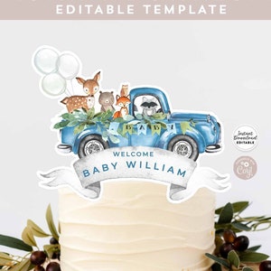 Editable Woodland Blue Truck Cake Topper Baby Shower Baby Sprinkle Deer Cake Topper Digital Printable File Template Instant Download AL572