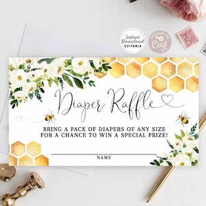 Editable Rústico Miel Abeja Bumble Abeja Bebé Ducha Pañal Rifa Boleto Insertar Tarjeta de Rifa Plantilla Imprimible Descarga Instantánea 845V1