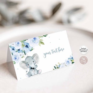 Bewerkbare baby blauwe bloemen jongen olifant babyshower gevouwen plaatskaart buffet etenswaar label gast naam kaartsjabloon Instant Download AL616