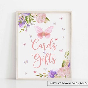 Butterfly Cards And Gifts Sign Blush Pink Purple Butterfly Baby Sprinkle Decor Cards and Gifts Digital Printable Instant Download AL179