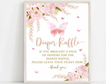 Butterfly Diaper Raffle Sign Blush Pink Rose Gold Butterfly Birthday Bridal Baby Shower Sprinkle Digital Printable Instant Download 1406