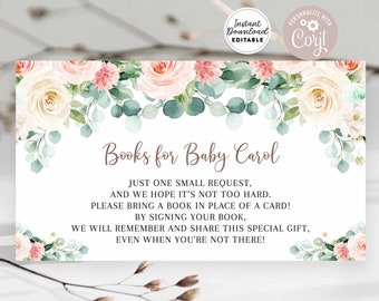 Editable Eucalyptus Pink Floral Baby Shower Book Insert Bring A Book Instead of Card Invite Insert Instant Download 641V1