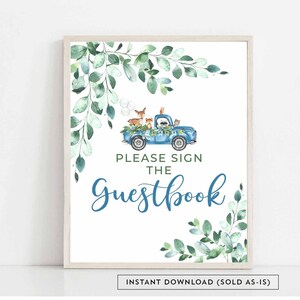 Greenery Boy Woodland Animal Blue Truck Guestbook Guest Book Sign Deer Baby Shower Sprinkle Decorations Printable Instant Download AL572
