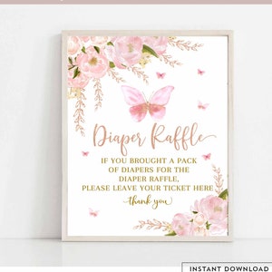 Butterfly Diaper Raffle Sign Blush Pink Rose Gold Butterfly Birthday Bridal Baby Shower Sprinkle Digital Printable Instant Download 1406
