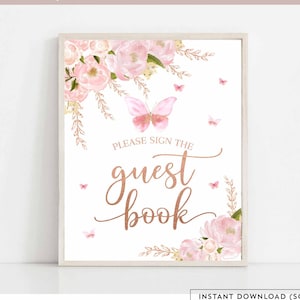 Butterfly Sign the Guestbook Guest Book Sign Blush Pink Rose Gold Butterfly Twins Baby Shower Digital Printable Instant Download 1406
