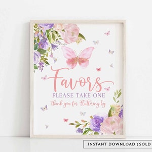 Butterfly Favors Please Take One Sign Blush Pink Purple Butterfly Thank You Fluttering By Sign Digital Printable Instant Download AL179