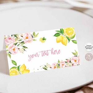 Editable Blush Pink Floral Lemon Baby Bridal Wedding Folded Place Card Buffet Food Label Guest Name Card Template Instant Download AL1490