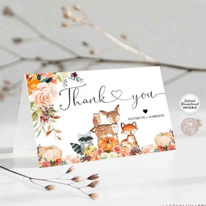 Editável personalizado outono abóboras animais da floresta festa de chá de bebê cartão dobrado modelo editável/download instantâneo 454