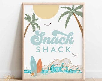 Puede incluir: Un cartel digital imprimible con temática de playa. El cartel dice "Snack Shack" en una fuente azul y blanca. Hay palmeras, un sol, olas y tablas de surf en el cartel.