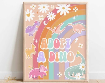 Groovy Dinosaur Birthday Party Daisy Adopt A Dino Sign Dino Decor Groovy Rainbow Hippie Birthday Decor Printable Instant Download 635