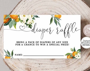 Editable Little Cutie Orange Citrus Baby Shower Diaper Raffle Ticket Insert Greenery Mandarin Orange Raffle Card Instant Download 248V1