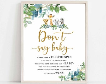 Greenery Gold Safari African Jungle Animal Don't Say Baby Clothespin Game Safari Baby Shower Sprinkle Games Printable Instant Download AL20