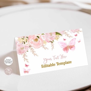 Plantilla de tarjeta de nombre de invitado para baby shower, cumpleaños, fiesta de bienvenida al bebé, etiqueta de comida tipo bufé, diseño de mariposa rosa dorada editable, descarga instantánea 1406