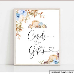 Fall Blue Pumpkin Cards and Gifts Sign Printable Pumpkin Baby Shower Sprinkle Shower Card and Gift Sign Digital Instant Download 29V5