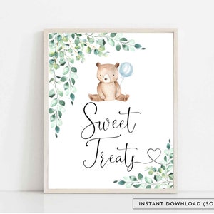 8x10&quot; 11x14&quot; Greenery Bear Sweet Treats Sign Teddy Bear Baby Shower Sprinkle Boy Birthday Treats Sign Instant Download 1432V1