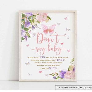 Butterfly Don&#39;t Say Baby Game Sign Blush Pink Purple Butterfly Baby Sprinkle Shower Game Games Digital Printable  Instant Download AL179