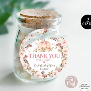 Editable 2" + 2.5" Round Fall Pink Pumpkin Baby Shower Baby Sprinkle Sip and See Bridal Shower Printable Sticker Instant Download 29V7