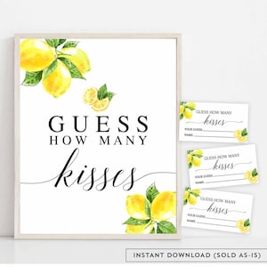 Lemon Guess How Many Kisses Sign and Tickets Printable Citrus Lemon Bridal Couples Couple Shower Game Games Sign Instant Download 290