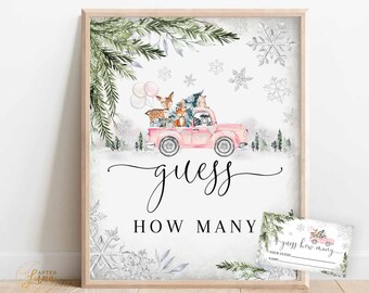 Winter Wald rosa LKW Schneeflocke Raten Sie wie viele Zeichen Kartenspiel Baby Shower Sprinkle Dekor Dekoration Instant Download 1319V6