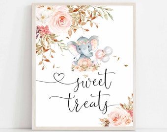 Digital Pink Fall Pumpkin Elephant Baby Shower Sweet Treats Sign Treat Sign Digital Printable 8x10" 11x14" Instant Download 1216V3