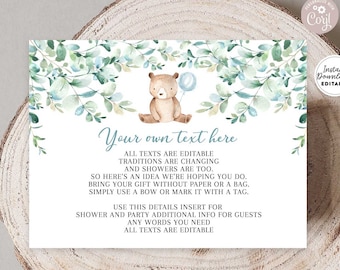 Editable Greenery Teddy Bear 3x4" Detail Insert Card ALL TEXT EDITABLE Baby Shower Sprinkle Birthday Insert Editable Instant Download 1432V1