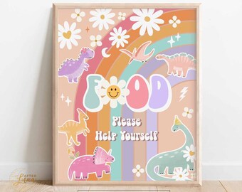 Groovy Dinosaur Birthday Party Decor 70'  Daisy Food Sign Dino Decor Groovy Rainbow Hippie Birthday Decor Printable Instant Download 635