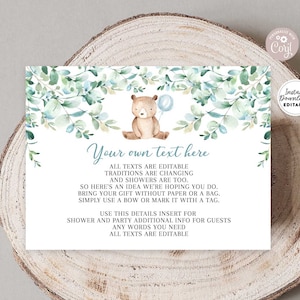 May include: A printable baby shower invitation with a watercolor illustration of a blue and green leafy branch with a brown bear holding a blue balloon. The text reads "Your own text here" and includes instructions for customizing the invitation. The text also says "All texts are editable. Traditions are changing and showers are too. So here's an idea we're hoping you do. Bring your gift without paper or a bag. Simply use a bow or mark it with a tag. Use this details insert for shower and party additional info for guests. Any words you need. All texts are editable."